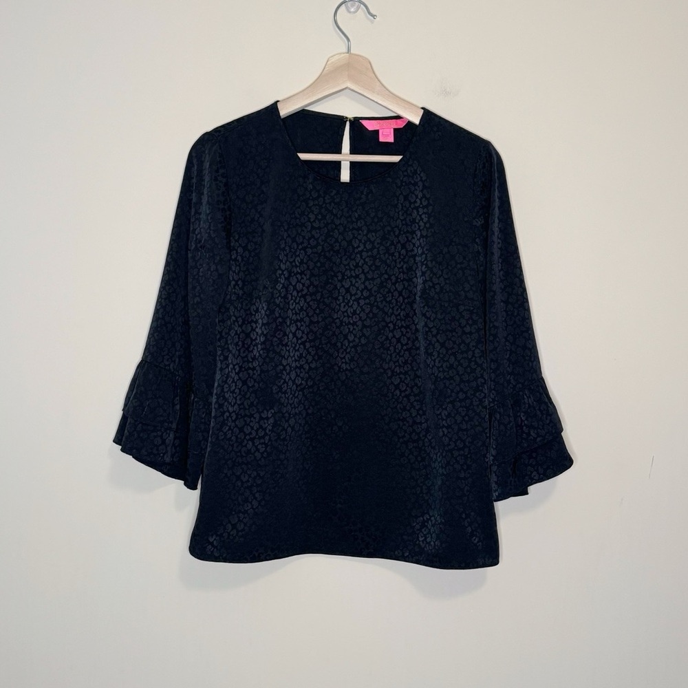Lilly Pulitzer Christie Flounce Top In Onyx Petite Leopard Jacquard Size S